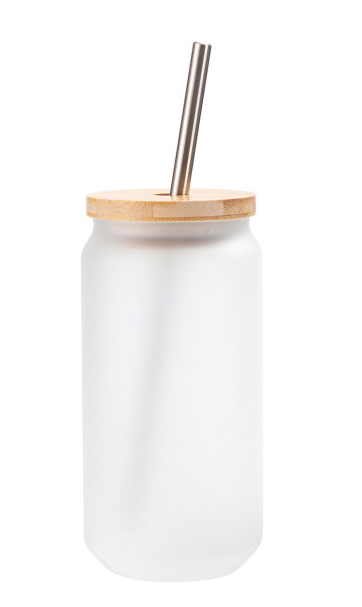 Glasbecher mit Bambusdeckel und Trinkhalm