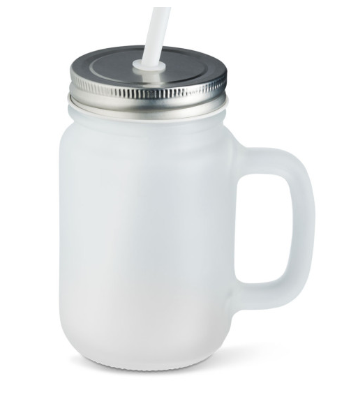 Henkelglas mit Deckel und Trinkhalm